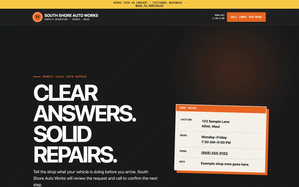 South Shore Auto Works demo homepage with its dark repair-shop hero and orange service details