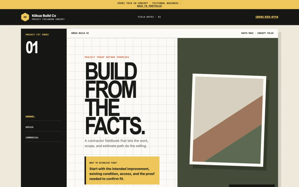 Kōkua Build Co project fieldbook with a fit index, project frame, and estimate path