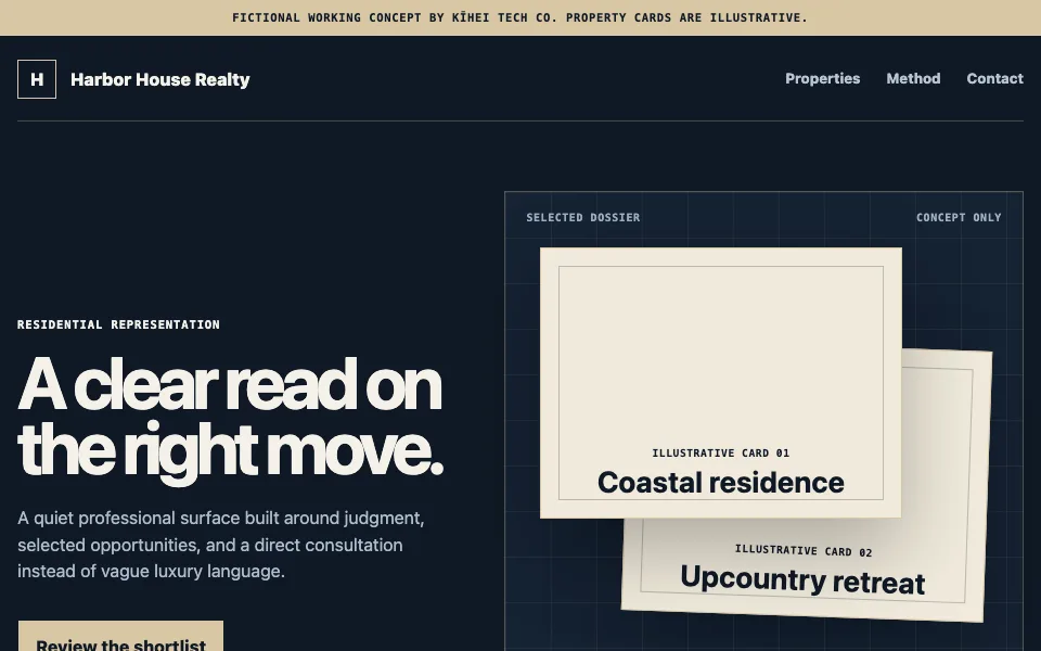 Harbor House Realty concept homepage with a dark professional dossier, selected property cards, and quiet consultation path