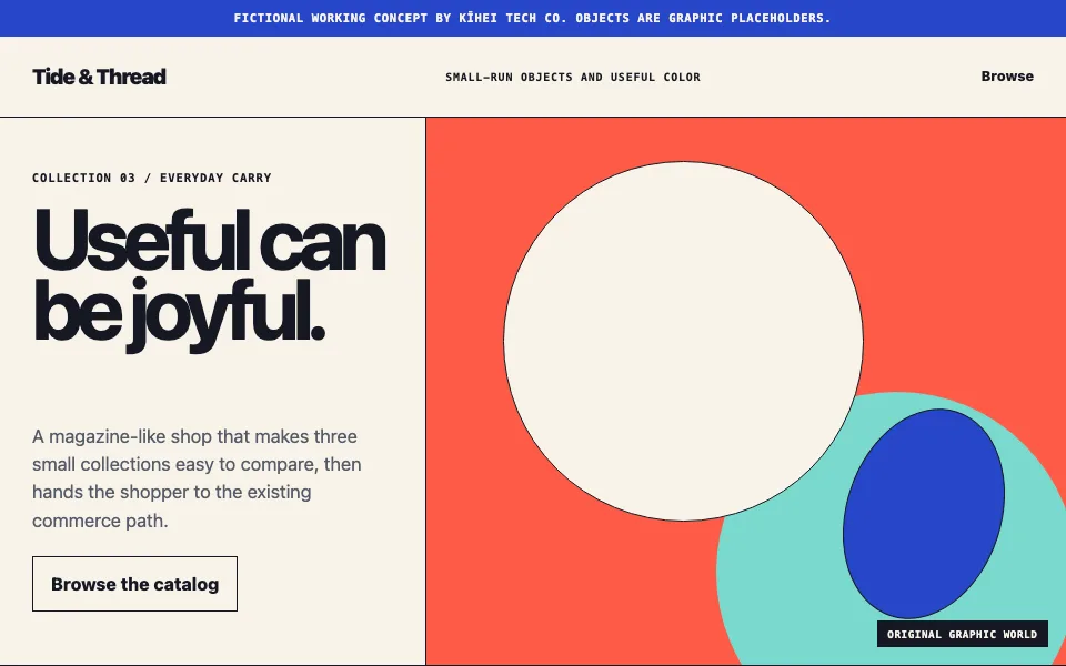 Tide and Thread Goods concept homepage with a bold catalog layout, abstract collection objects, and direct browse path